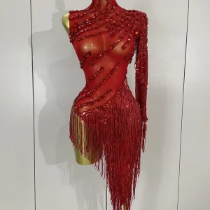 Nuovo costume di scena strass scintillanti nappa abito trasparente sexy donna monospalla bar da ballo latino abiti da festa in discoteca 1