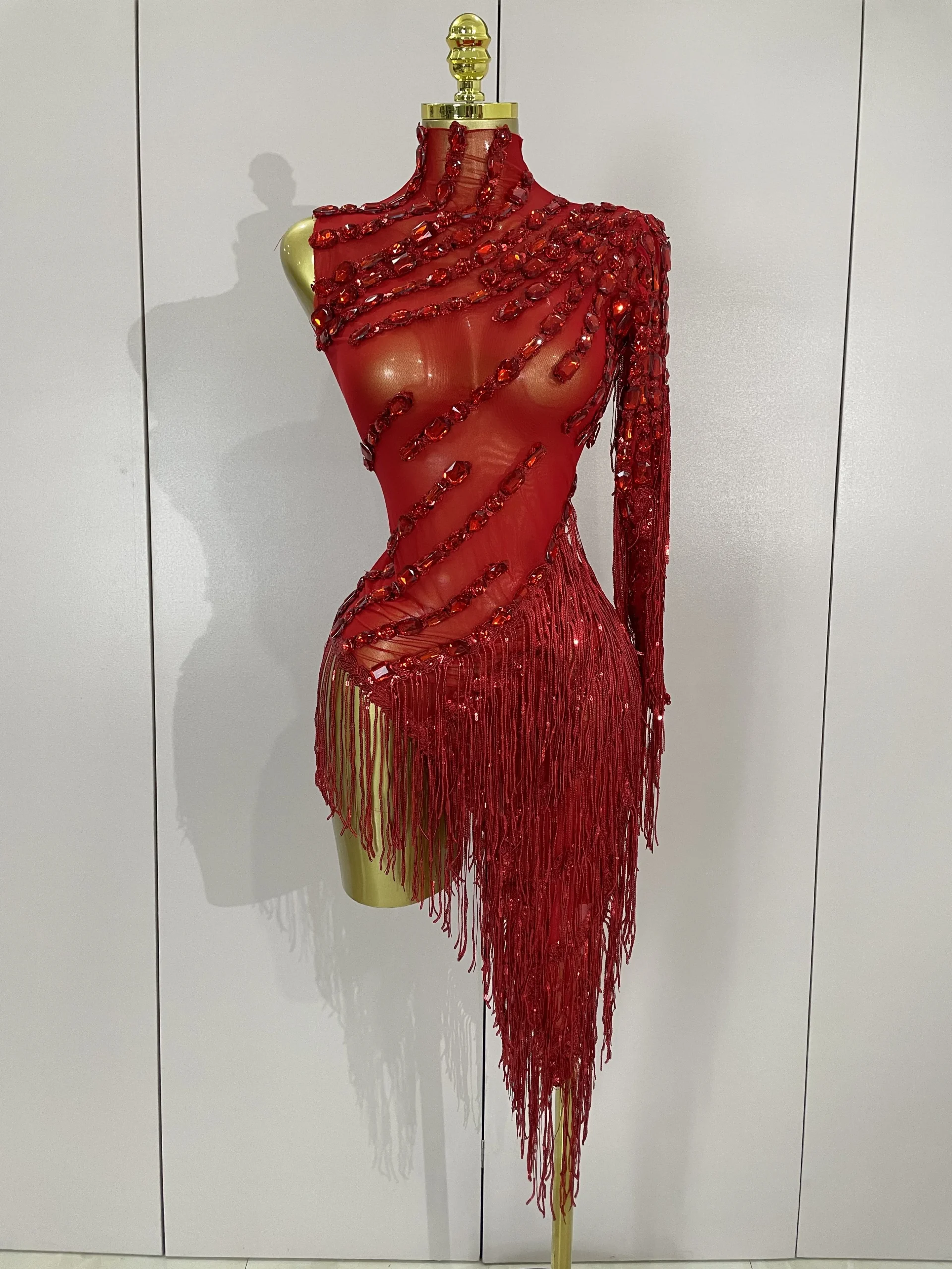 Nuovo costume di scena strass scintillanti nappa abito trasparente sexy donna monospalla bar da ballo latino abiti da festa in discoteca 1