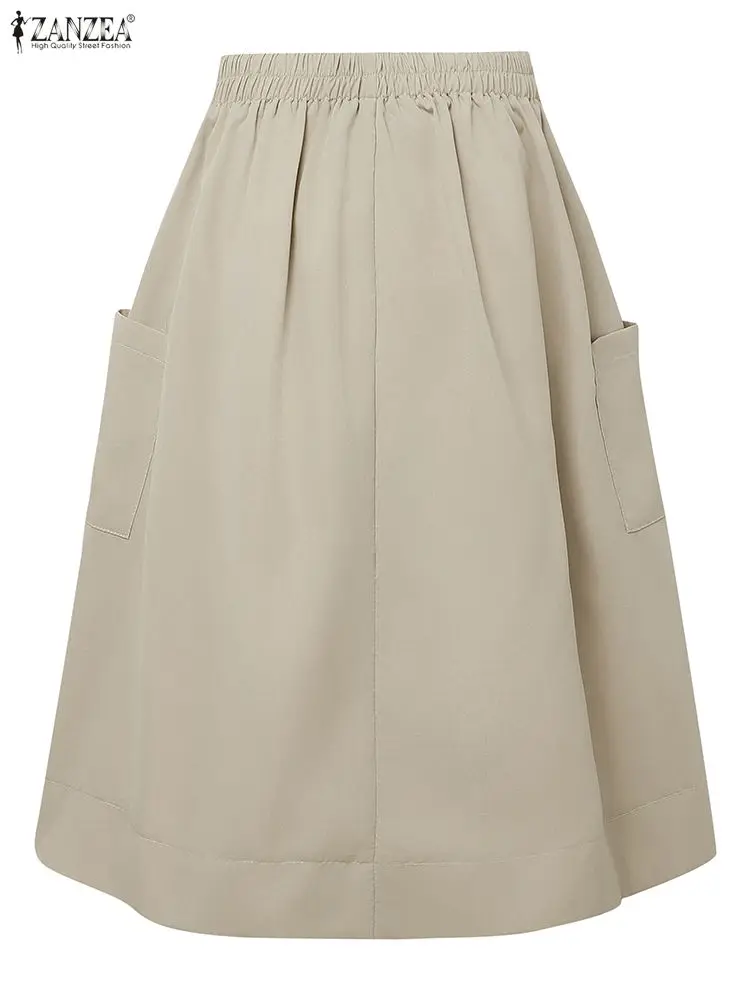2025 Estate Elastico In Vita Jupes ZANZEA Donne Gonne Da Ufficio Solido A Pieghe Gonna Al Ginocchio Elegante A-line OL Lavoro Faldas Saia 4