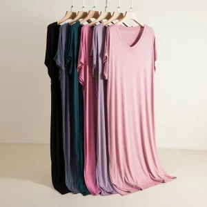 Abito modale con scollo a V Abito estivo da donna a maniche corte lungo allentato dimagrante Strato base Abito casual a trapezio in puro colore al ginocchio 1