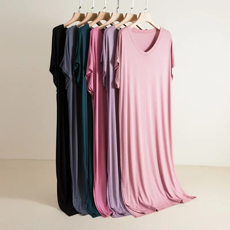 Abito modale con scollo a V Abito estivo da donna a maniche corte lungo allentato dimagrante Strato base Abito casual a trapezio in puro colore al ginocchio 1