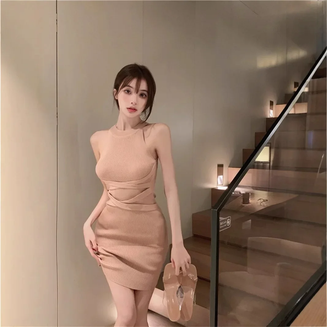 Mini abito sexy con collo appeso, gonna aderente senza maniche per donna, girocollo in fibra di poliestere, senza maniche, nuovo arrivo estivo 2