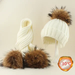 1-6Y Bambini Sciarpa Invernale Cappello Set Vera Pelliccia di Procione Cappello di Sfera Del Bambino Della Ragazza del Ragazzo Lavorato A Maglia Berretti A Righe Paraorecchie Spessore Caldo Pile Cap 1
