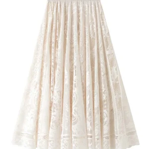 Gonne di pizzo da donna primavera estate Solido vita alta elastico Vintage elegante ufficio donna bianco nero chic gonne lunghe Jupe Longue 1