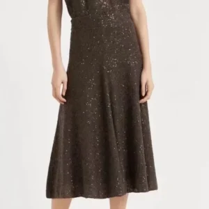 2025 Primavera ed estate Nuova gonna longuette lavorata a maglia con paillettes Gonna elegante alla moda da donna 1