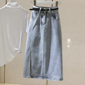 Versatile chic azzurro gonna di jeans a vita alta donna midi a-line aderente fessura slim fit cotone elasticizzato casual elegante nuovo stile 1