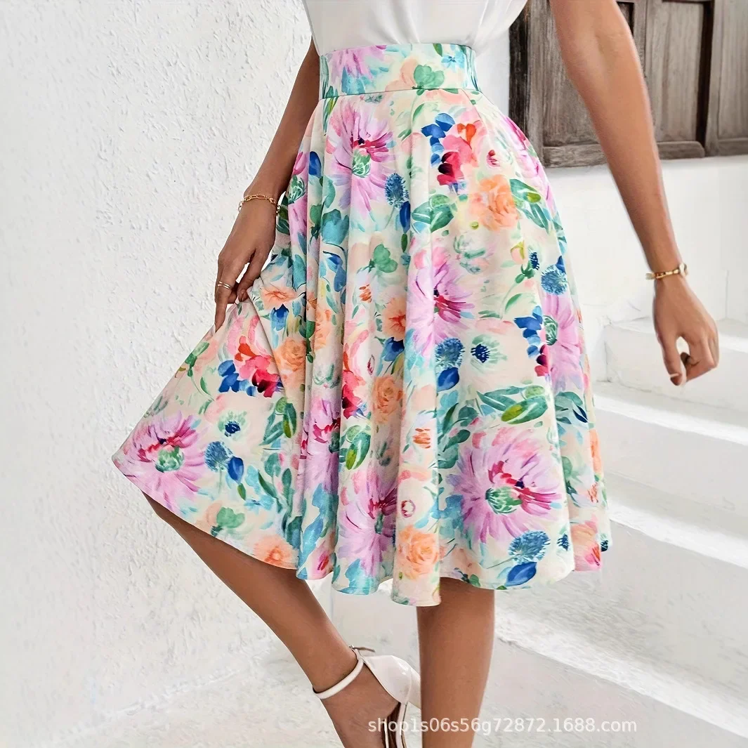 Elegante gonna a trapezio con stampa floreale per donna Estate 2025 Gonna longuette versatile Adesivi decorativi non personalizzati in fibra di poliestere 4