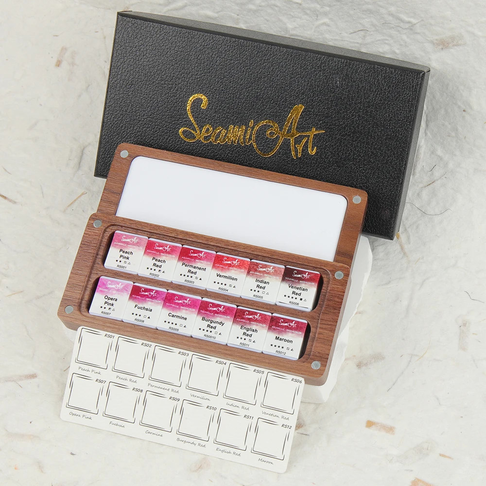 SeamiArt 12 colori rosa rossa set di acquerelli solidi scatola di legno di noce nera confezione regalo per disegnare forniture di pittura artistica 4
