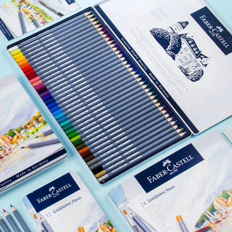 Faber Castell Goldfaber Aqua Matite colorate solubili in acqua 12/24/36/48 colori Scatola di ferro blu Artista Schizzo Disegno Forniture 1146 6