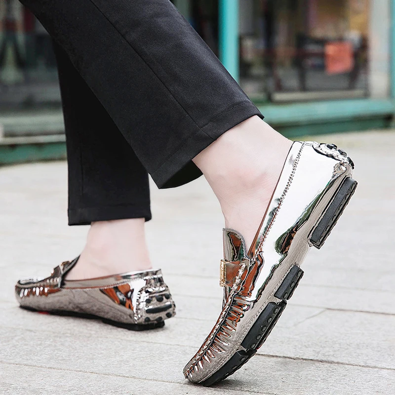 Scarpe a cuffia da uomo, scarpe slip-on primaverili ed estive, scarpe da uomo alla moda in pelle verniciata stile coreano, scarpe pigre basse, scarpe casual, fatte a mano 6