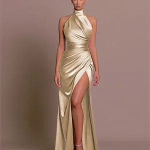 Abiti da festa di compleanno da sera in raso estivo da donna Abiti da donna senza maniche con scollo all'americana e spacco laterale Elegante abito lungo Abiti Mowan 1