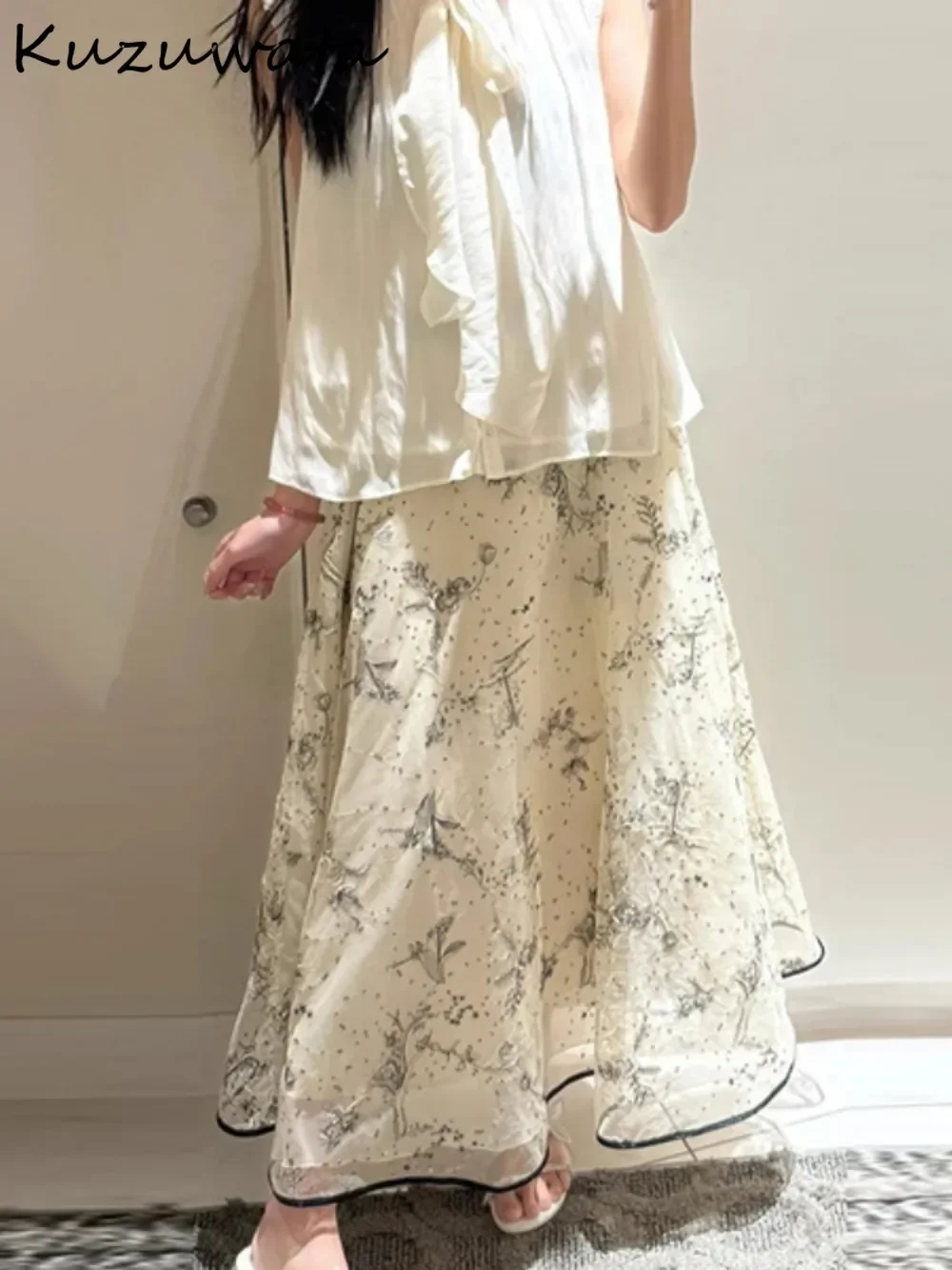 Kuzuwata Gonna scozzese a trapezio a vita alta tutto-fiammifero Gonne ricamate con stampa a pannelli di media lunghezza Giappone Elegante lucido Falda squisita 3