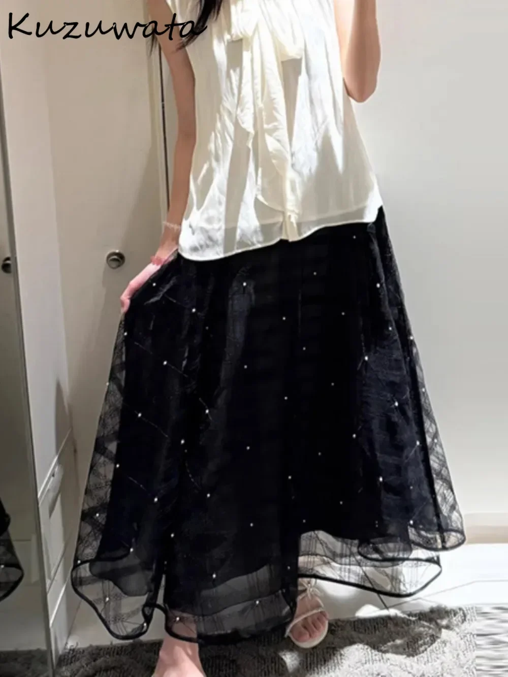 Kuzuwata Gonna scozzese a trapezio a vita alta tutto-fiammifero Gonne ricamate con stampa a pannelli di media lunghezza Giappone Elegante lucido Falda squisita 4