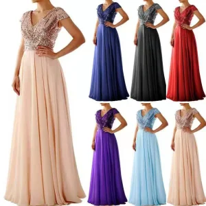 2024 Nuovo transfrontaliero Primavera Estate Abbigliamento donna europea Abito senza maniche Scollo a V Paillettes Elegante abito da sera in chiffon 1