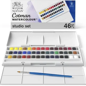 Set di colori ad acquerello Winsor & Newton Cotman, set da studio, 45 mezze padelle con pennello 1
