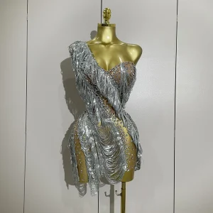 Stock scintillante strass paillettes nappa maglia monospalla abito corto 2025 donna sera festa di compleanno discoteca costume di scena 1