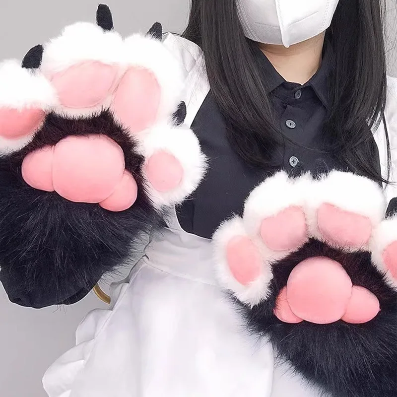 Guanti da donna addensati caldi e carini con artiglio di gatto Guanti da costume cosplay per cartoni animati per ragazze Guanti da zampa di gatto in peluche peloso bianco nero 4