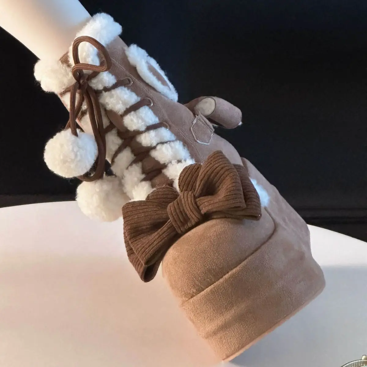 Dolce inverno ragazze Lolita stivali da neve a metà polpaccio, studentesse carine peluche caldi fiocchi stringati scarpe con zeppa rialzanti 5