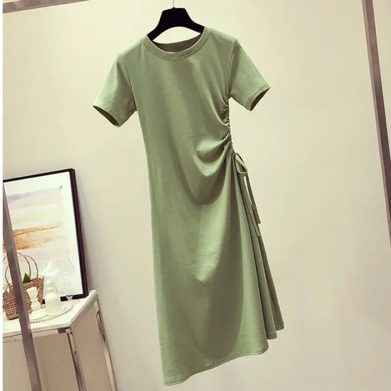 Abito verde avocado con coulisse in vita che dimagrisce maglietta coreana per studenti di moda gonna trendy manica corta girocollo al ginocchio 5