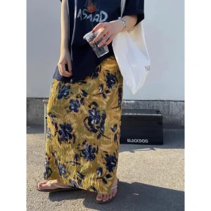 Gonna dritta a vita alta da donna retrò Gonna a pieghe con spacco Gonna casual alla moda elastica a vita alta stampata 1