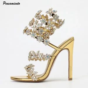 Bling Luxury Crystal Butterfly Flowers Decor Sandali gladiatore da donna Moda Estate Tacchi alti Scarpe da banchetto di nozze Sandali 1