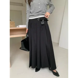 Minigonna elegante su misura con cintura pieghettata dimagrante a vita alta gonne lunghe autunnali per donna in fibra di poliestere tinta unita 1