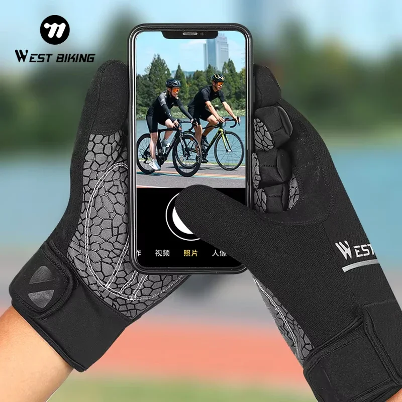 WEST BIKING Guanti da bici invernali addensare touch screen caldo uomo donna guanti da ciclismo sport corsa sci MTB bici guanti da moto 3