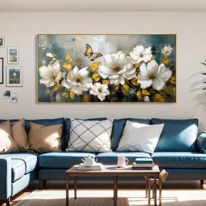 Fiore bianco Foglia dorata Farfalla Poster Stampe Arte floreale moderna Pittura su tela Immagine di arte della parete per soggiorno Decorazioni per la casa 1