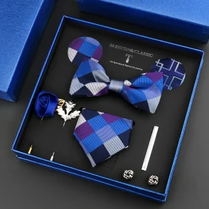 Set di cravatte da collo di lusso per uomo Cravatta di marca classica Papillon Gemelli Hanky Spille floreali Set di fermacravatte Confezione regalo da lavoro per matrimoni 1