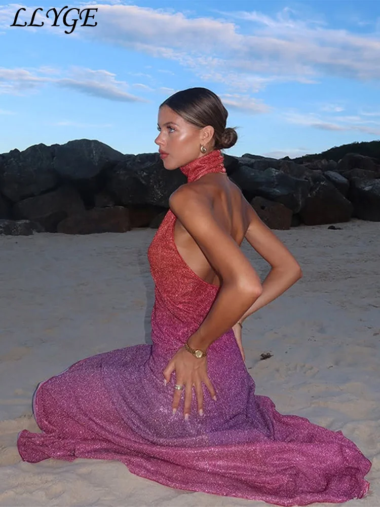 Abito sexy con spacco laterale lucido Abito da donna elegante senza maniche con schienale all'anca 2025 Abiti da festa di colore estivo da donna 6