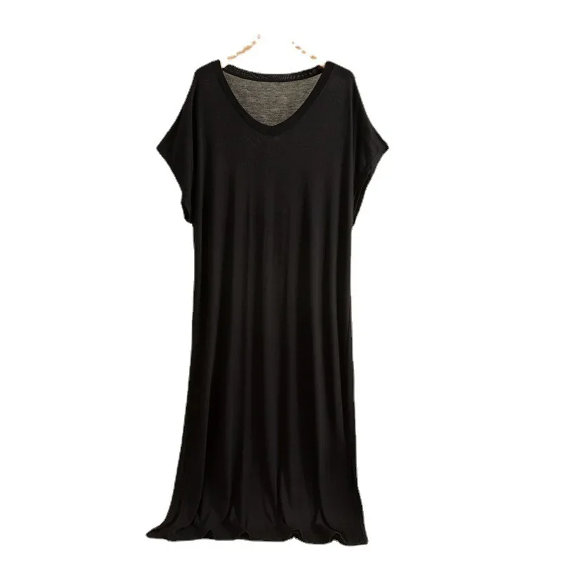 Abito modale con scollo a V Abito estivo da donna a maniche corte lungo allentato dimagrante Strato base Abito casual a trapezio in puro colore al ginocchio 5