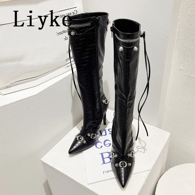 Liyke 2025 Nuovo Sexy Punta a punta Stivali alti al ginocchio Donna Pole Dance Tacchi a spillo Pompe Moda Nappa Zip Rivetto Scarpe lunghe invernali 3