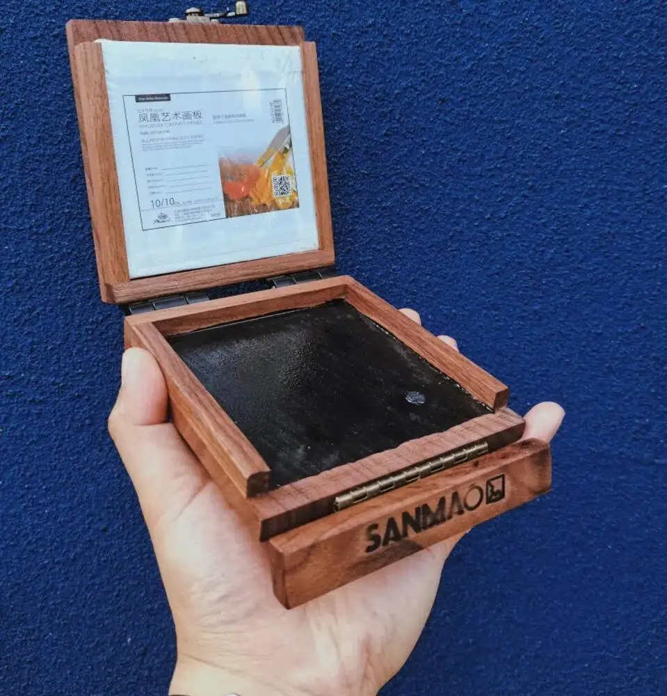 Fatto a mano Mini carino portatile in legno di noce nero scatola di pittura a olio strumenti di pittura di palma 1