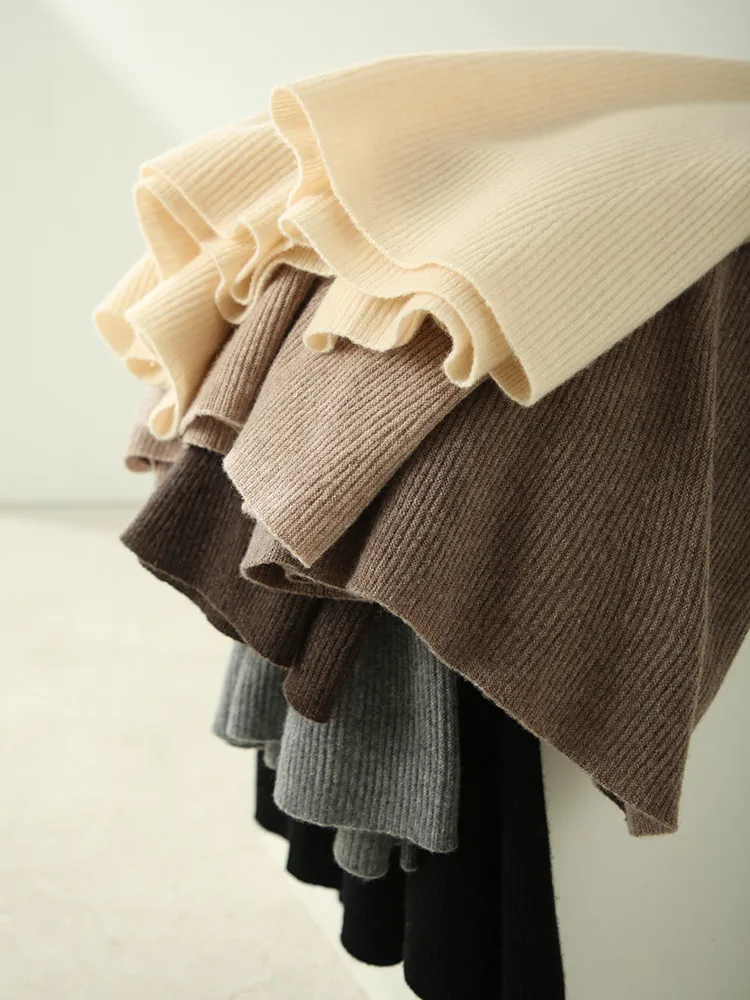 Chic nuove donne 100% lana merino lavorata a maglia una linea gonna tinta unita autunno inverno vita alta stile preppy gonna longuette in morbida lana 6