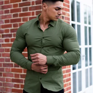 Camicia a maniche lunghe moda autunno uomo camicia super slim fit maschile casual da lavoro sociale camicia da uomo di marca abbigliamento sportivo fitness 1