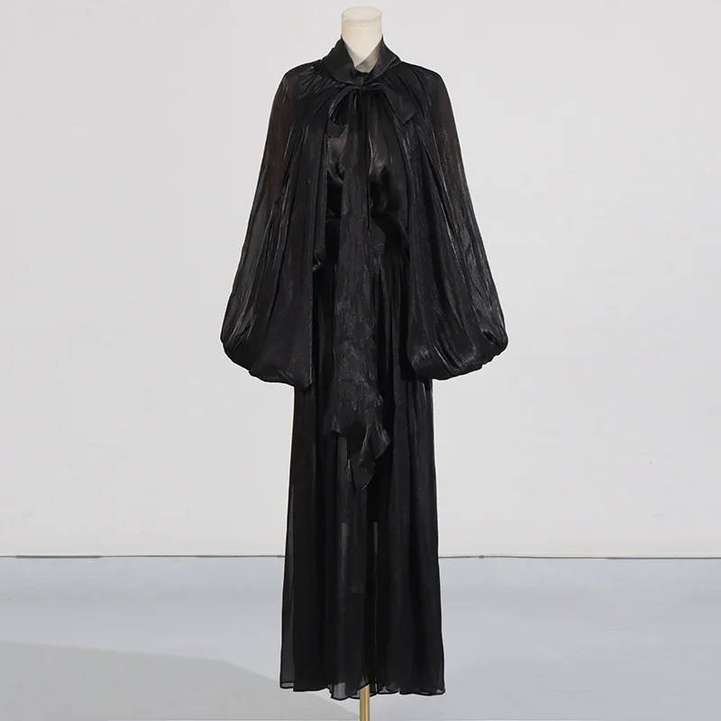 PREPOMP 2025 Nuovo arrivo primavera colletto alla coreana manica lunga a pipistrello abito lungo con lacci donna GT275 4