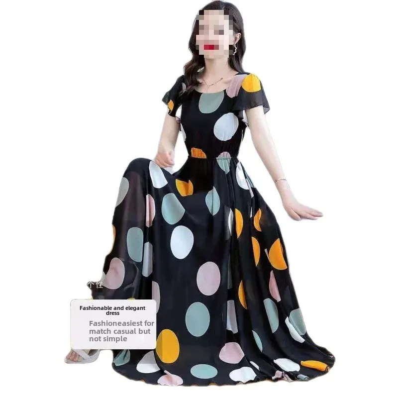 Vendita calda della stagione Nuovo abito lungo con gonna da spiaggia a pois vintage ingombrante in vita lunga Abito lungo con orlo fluente Abito laterale oceano da donna 5