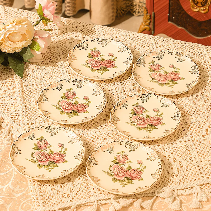 Piatti in ceramica dipinta con rosa beige, ciotole per zuppa, ciotole per riso, piatti da dessert, piatti, utensili da cucina, tavoli per ristoranti 2