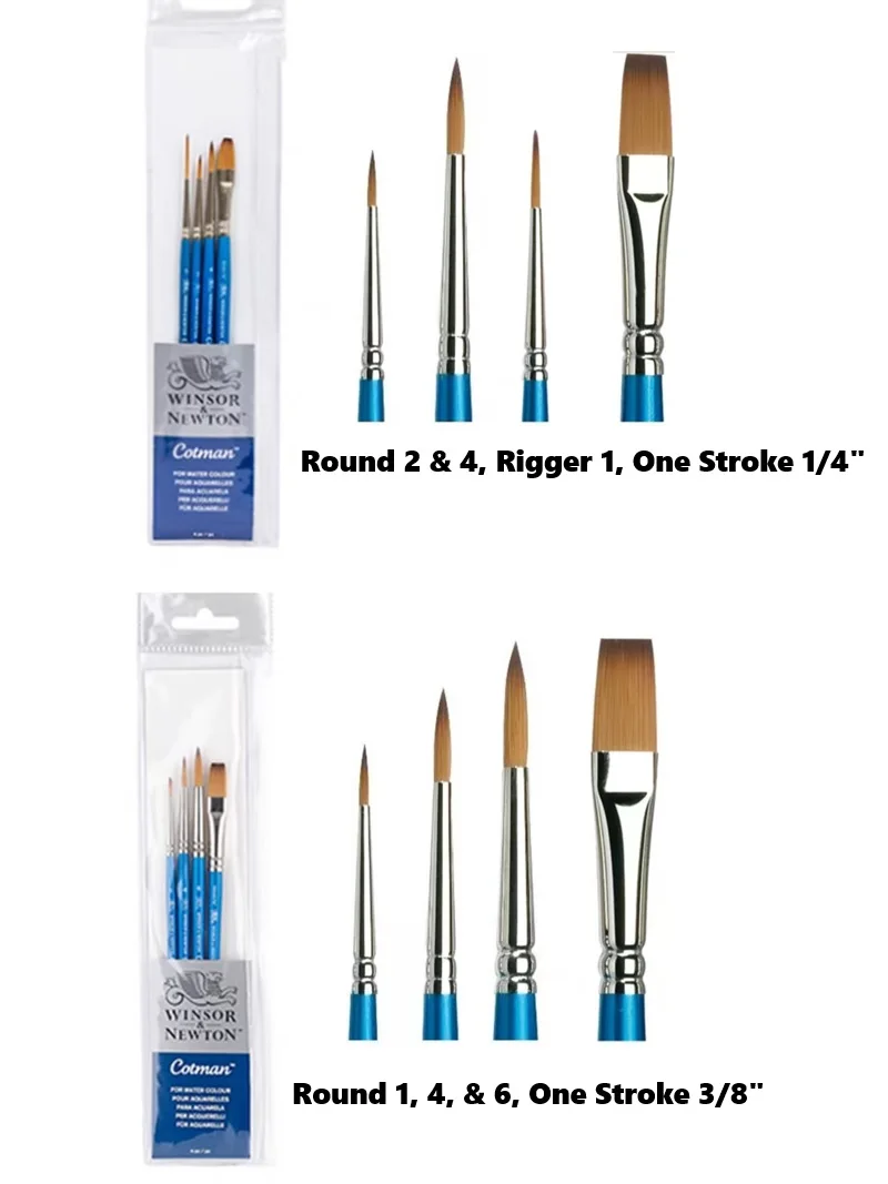 Winsor & Newton Cotman Spazzole a manico cortoSet di 4 (Rotondi 1, 4, e 6, One Stroke 3/8")/ (Rotondi 2 e 4, Rigger 1, One Stroke 1/4") 1