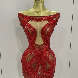 2025 Shining Red Strass Sexy Mesh See-Through Mini abito da donna Celebrare la sera Prom Compleanno Party Dress Stage Shoot Wear 1