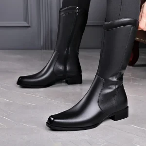 Stivali lunghi da uomo in pelle Dermis Stivali da equitazione in denim di peluche alti Stivaletti da equitazione con cerniera alta 2023 Nuovo modello Aumento della caviglia 1