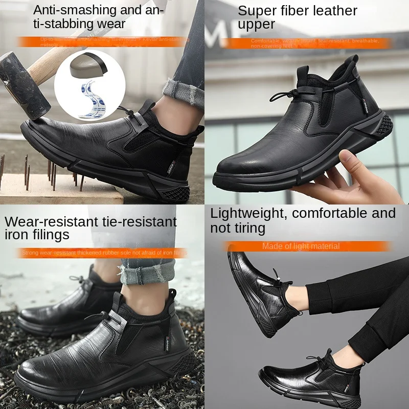 Scarpe da lavoro antinfortunistiche impermeabili in pelle nera per uomo Stivali da ufficio con punta in acciaio Scarpe da costruzione indistruttibili Calzature da uomo 2