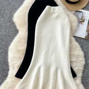 Gonna lavorata a maglia vintage a vita alta Gonna longuette da ufficio a coda di pesce con spacco arricciato Gonna di lana autunno inverno 1