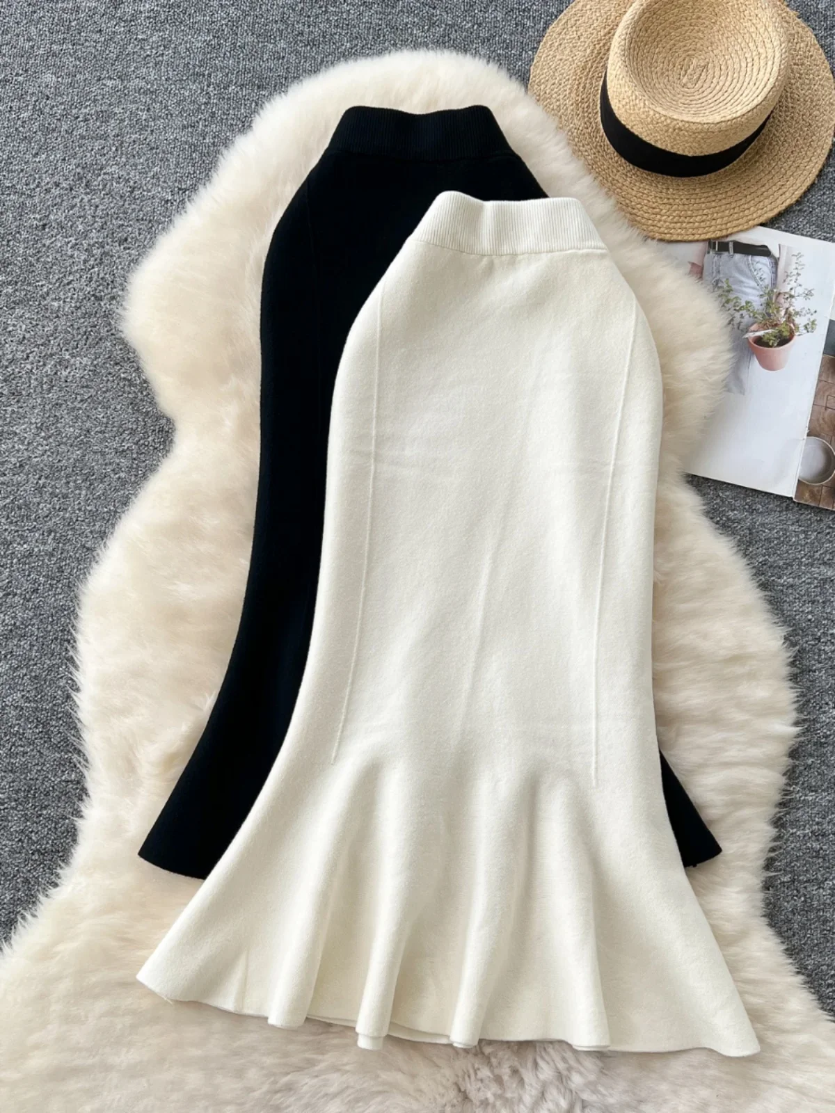 Gonna lavorata a maglia vintage a vita alta Gonna longuette da ufficio a coda di pesce con spacco arricciato Gonna di lana autunno inverno 1