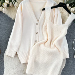 Singliny moda stile coreano abiti lavorati a maglia Cardigan allentato Casual + Mini abito maglione sottile autunno donna caldo set di due pezzi 1