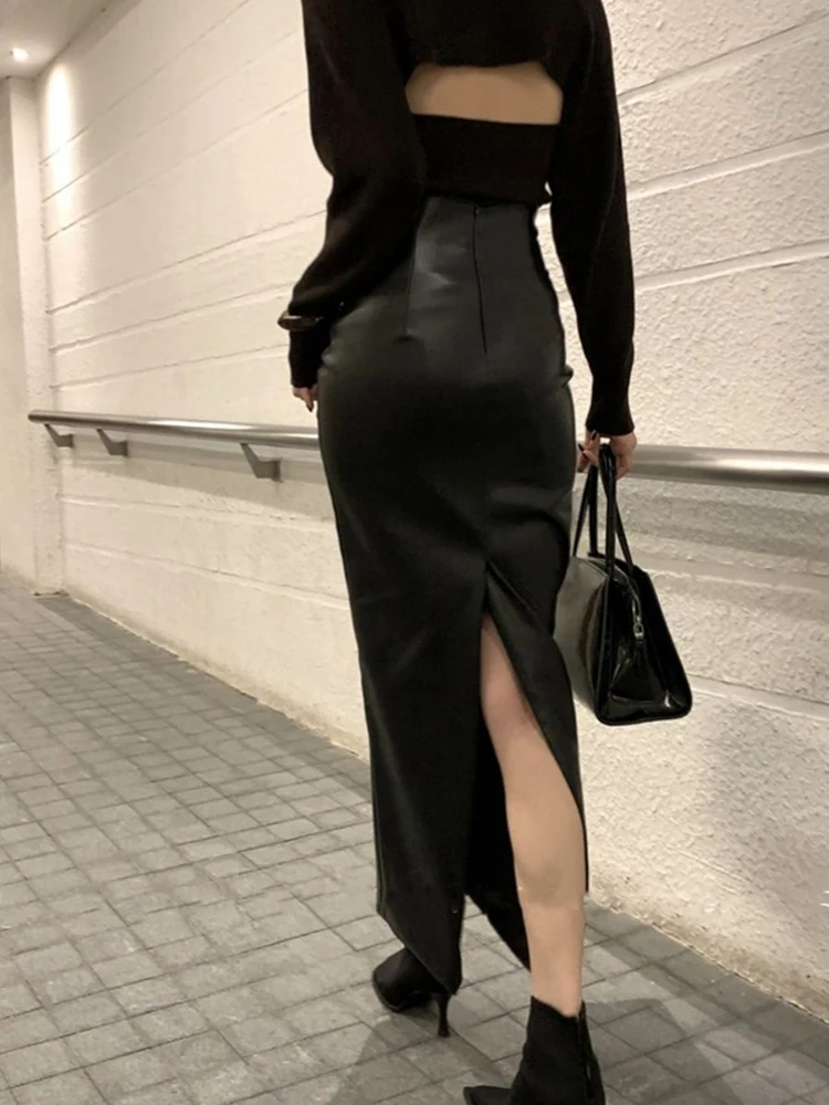 Gonne a fessura in pelle Pu vintage da donna a vita alta streetwear gonne longuette sottili Y2K eleganza coreana festa notturna gonne nere da donna 4
