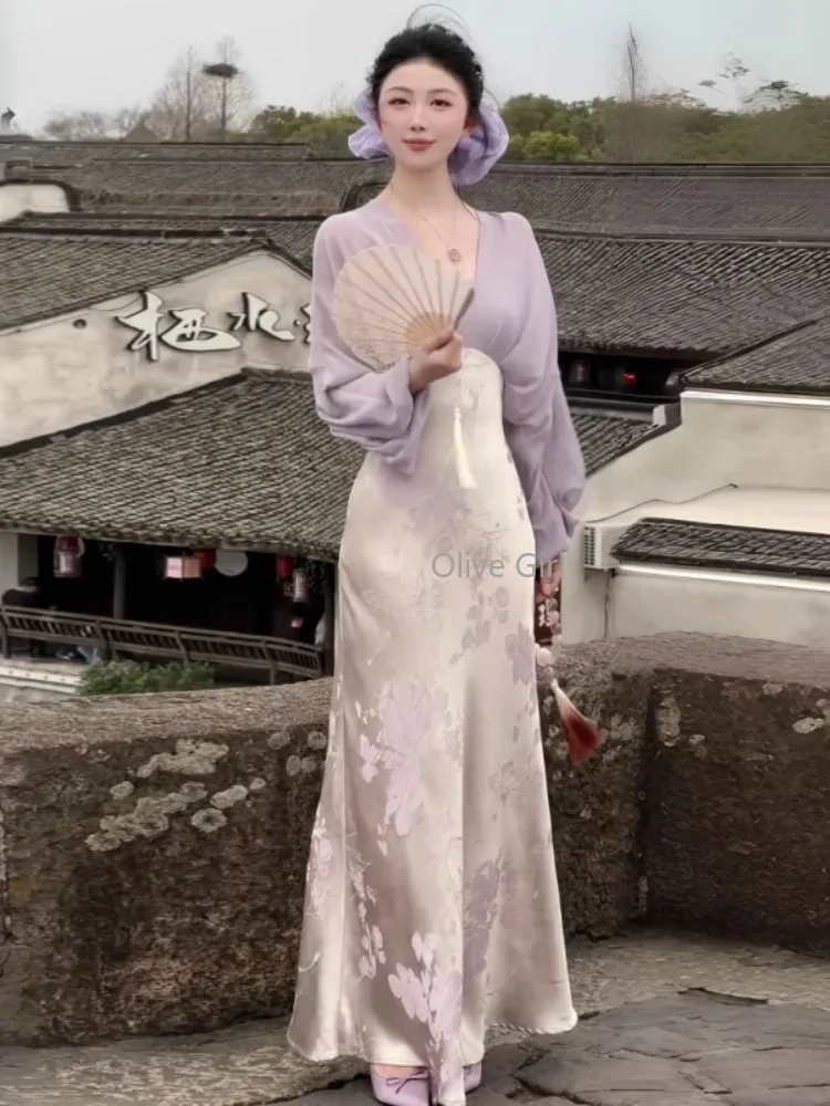 Abito estivo da ragazza oliva Abito in stile cinese in raso jacquard per donna Primavera 2025 Abito lungo elegante con due stampe finte della dea 5