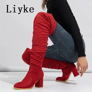 Liyke 2025 New Fashion Punta Rotonda Zip Stivali alti alla coscia Donna Autunno Inverno Tacchi grossi Moto Sopra il ginocchio Scarpa Botas Mujer 1