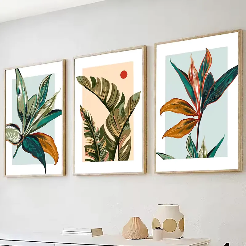 Set di 3 poster colorati su tela botanica tropicale stampa foglie floreali pittura murale immagine per camera da letto arredamento moderno per la casa 1
