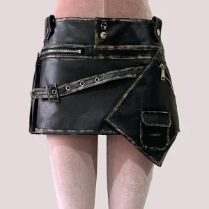Mauroicardi Estate Distressed Nero Pu Pelle Mini Gonne Asimmetriche per Donna Vita Alta Breve Emo Vestiti Nuovi Arrivi 2025 1